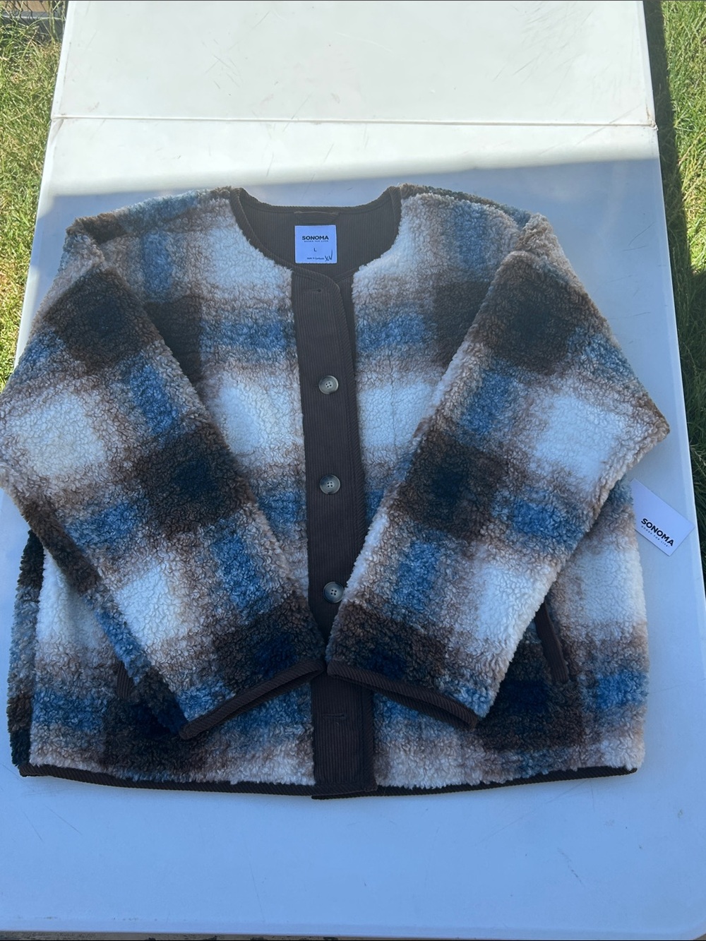 NWT Sonoma Goods For Life Oversized Collarless Sherpa Fleece Jacket Plaid L New